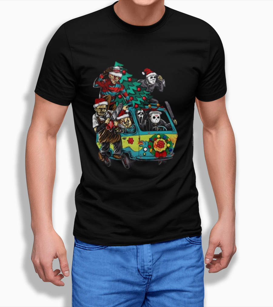 Horror Movie Characters In Christmas Santa Hats With Tree On Fun Van T-Shirt