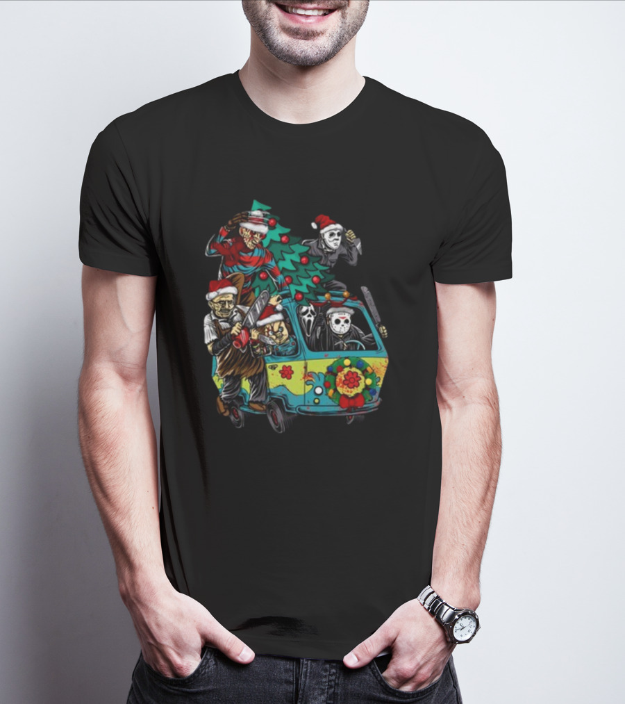 Horror Movie Characters In Christmas Santa Hats With Tree On Fun Van T-Shirt