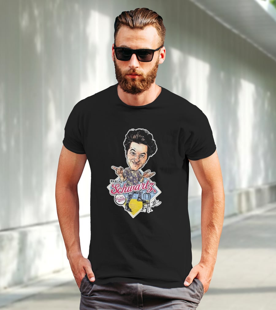 Ben Schwartz Character Illustration With Yellow Stage And Blue Chair T-Shirt