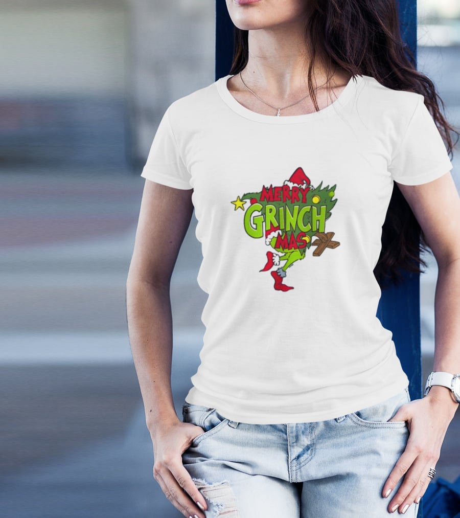 Merry Grinchmas Tree With Santa Hat And Holiday Decorations T-Shirt