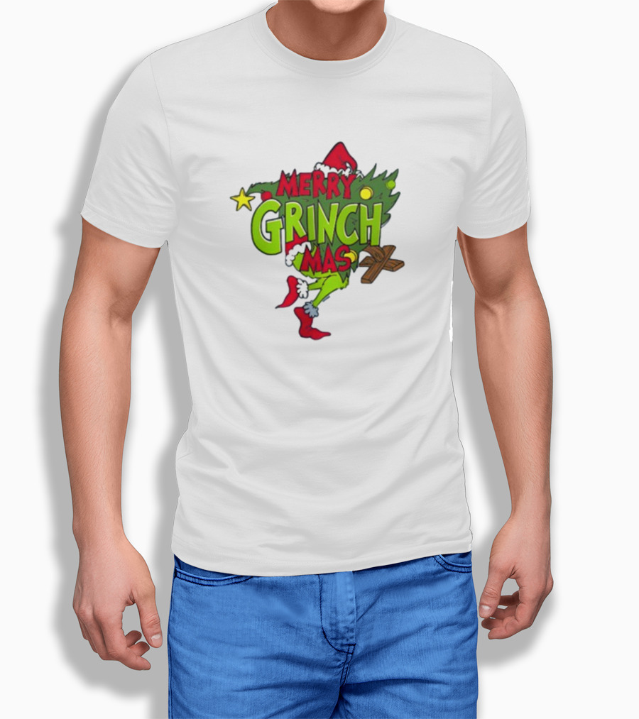 Merry Grinchmas Tree With Santa Hat And Holiday Decorations T-Shirt