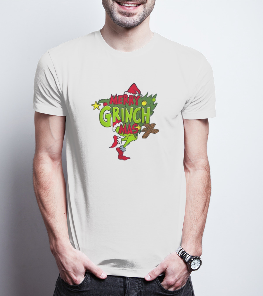 Merry Grinchmas Tree With Santa Hat And Holiday Decorations T-Shirt