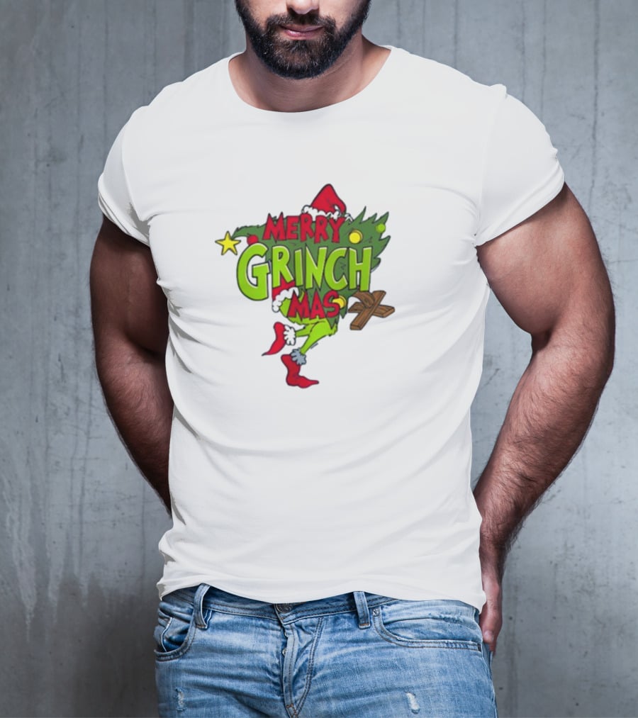 Merry Grinchmas Tree With Santa Hat And Holiday Decorations T-Shirt