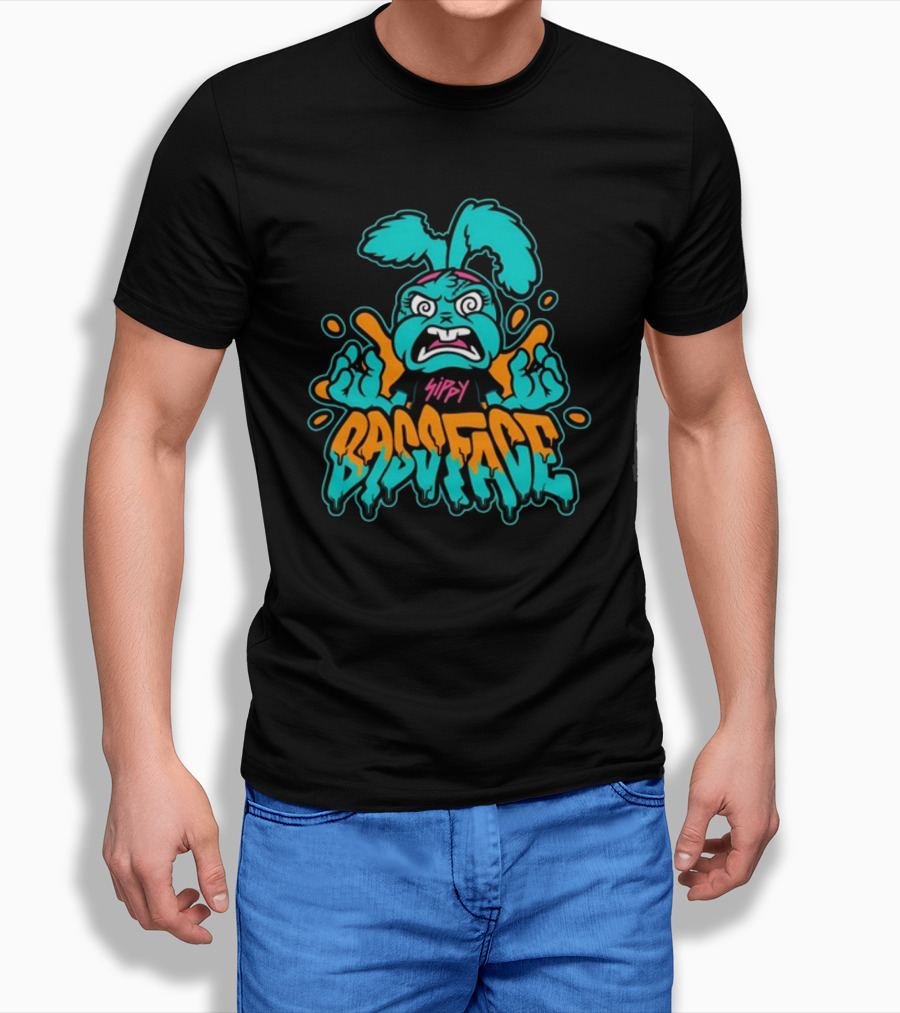 Sippy Bass Face Angry Cartoon Character With Blue And Orange Accents T-Shirt