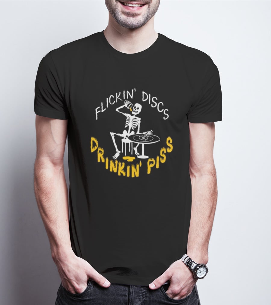 Flickin Discs Drinkin Piss Skeleton Holding Bottle And Disc T-Shirt