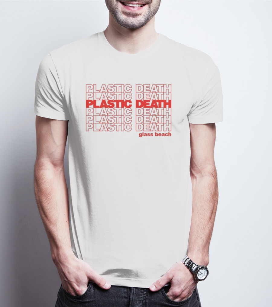 Plastic Death Glass Beach Repeated Text Ringer T-Shirt