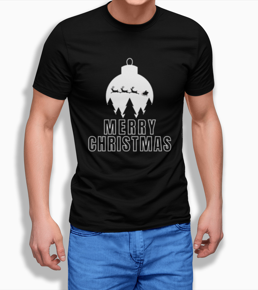 Merry Christmas Ornament Reindeer Sleigh And Trees T-Shirt