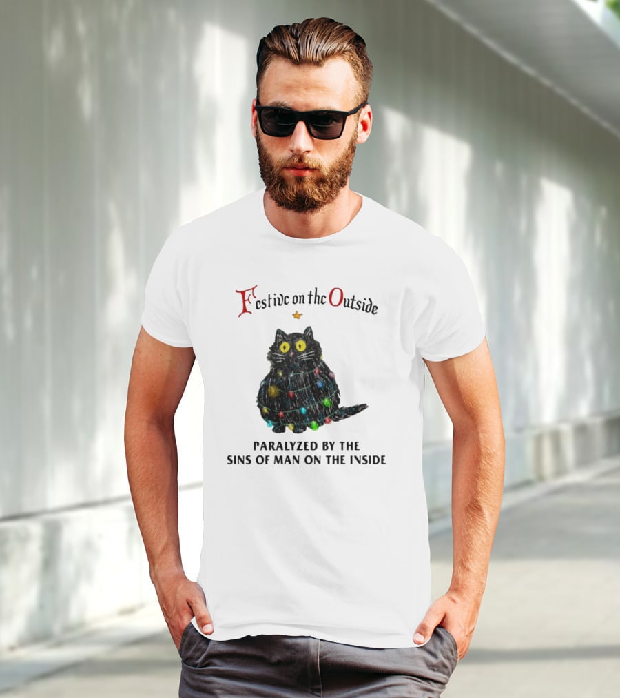 Festive On The Outside Paralyzed By The Sins Of Man On The Inside Cat Wrapped In Christmas Lights T-Shirt