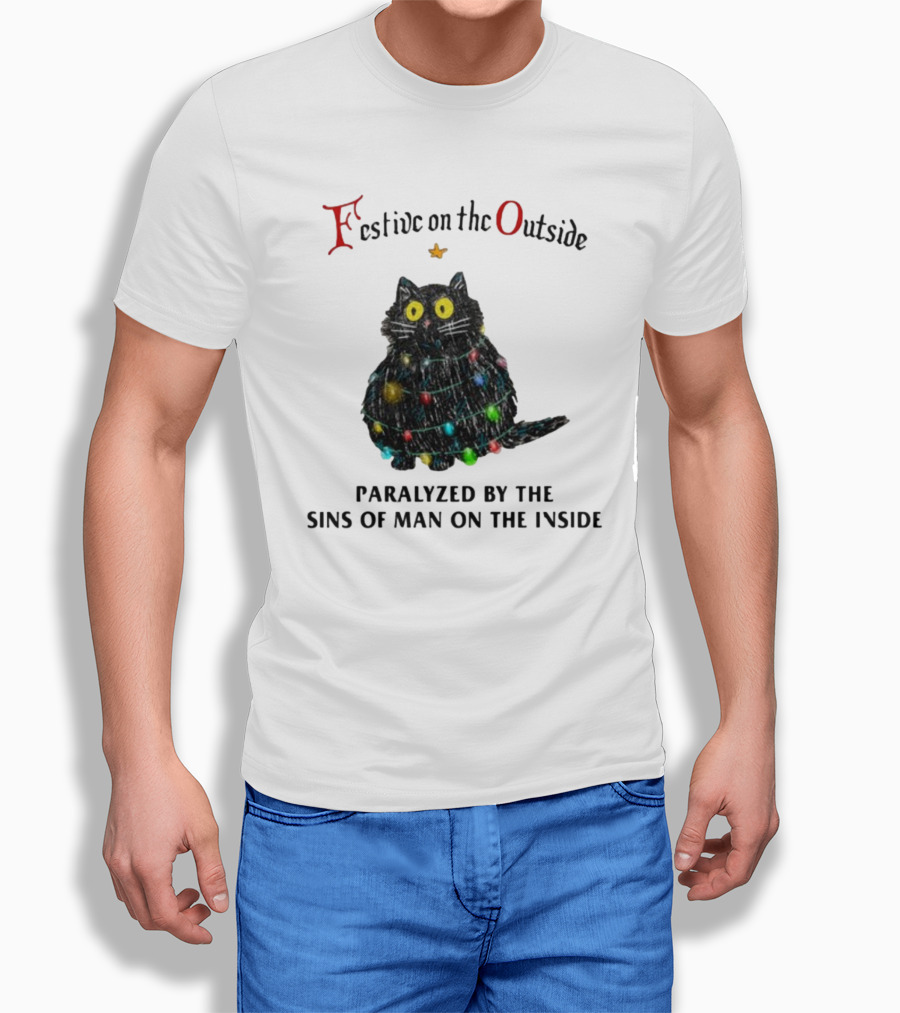 Festive On The Outside Paralyzed By The Sins Of Man On The Inside Cat Wrapped In Christmas Lights T-Shirt