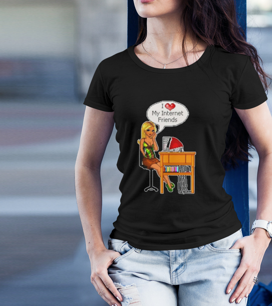 Cherrykitten I Love My Internet Friends Y2K Vintage Blonde Girl At Desk Pixel T-Shirt