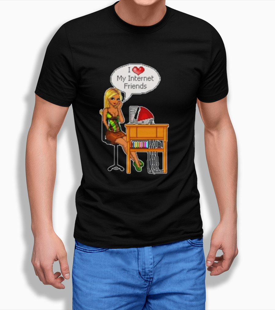 Cherrykitten I Love My Internet Friends Y2K Vintage Blonde Girl At Desk Pixel T-Shirt