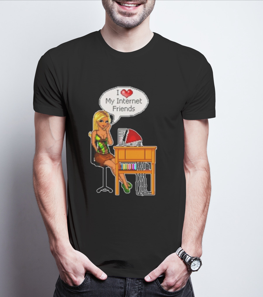 Cherrykitten I Love My Internet Friends Y2K Vintage Blonde Girl At Desk Pixel T-Shirt