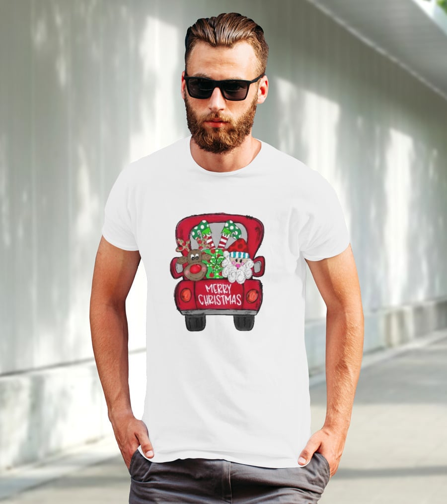 Merry Christmas Santa And Reindeer With Presents In Truck T-Shirt