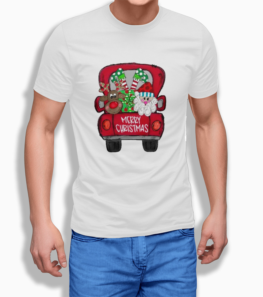 Merry Christmas Santa And Reindeer With Presents In Truck T-Shirt