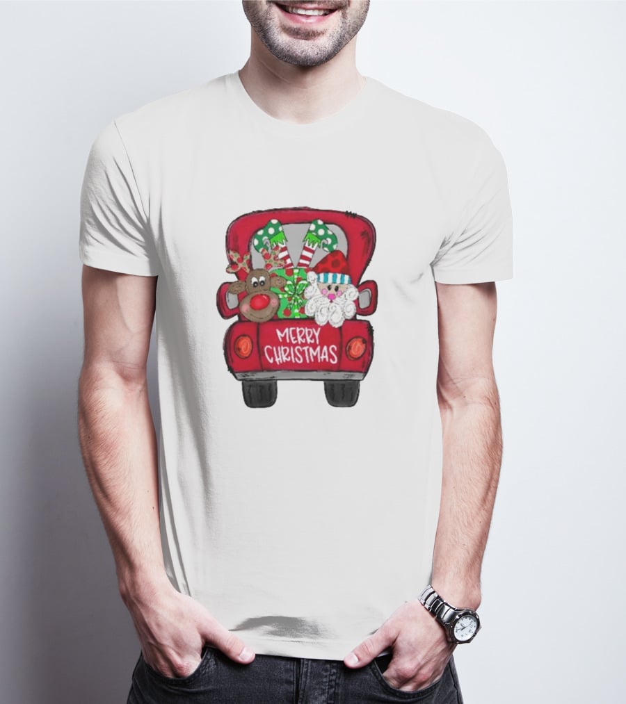 Merry Christmas Santa And Reindeer With Presents In Truck T-Shirt