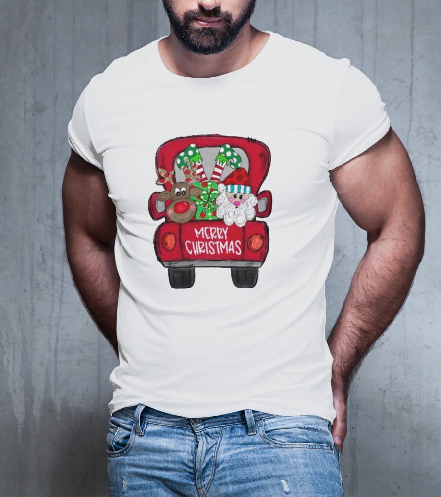 Merry Christmas Santa And Reindeer With Presents In Truck T-Shirt