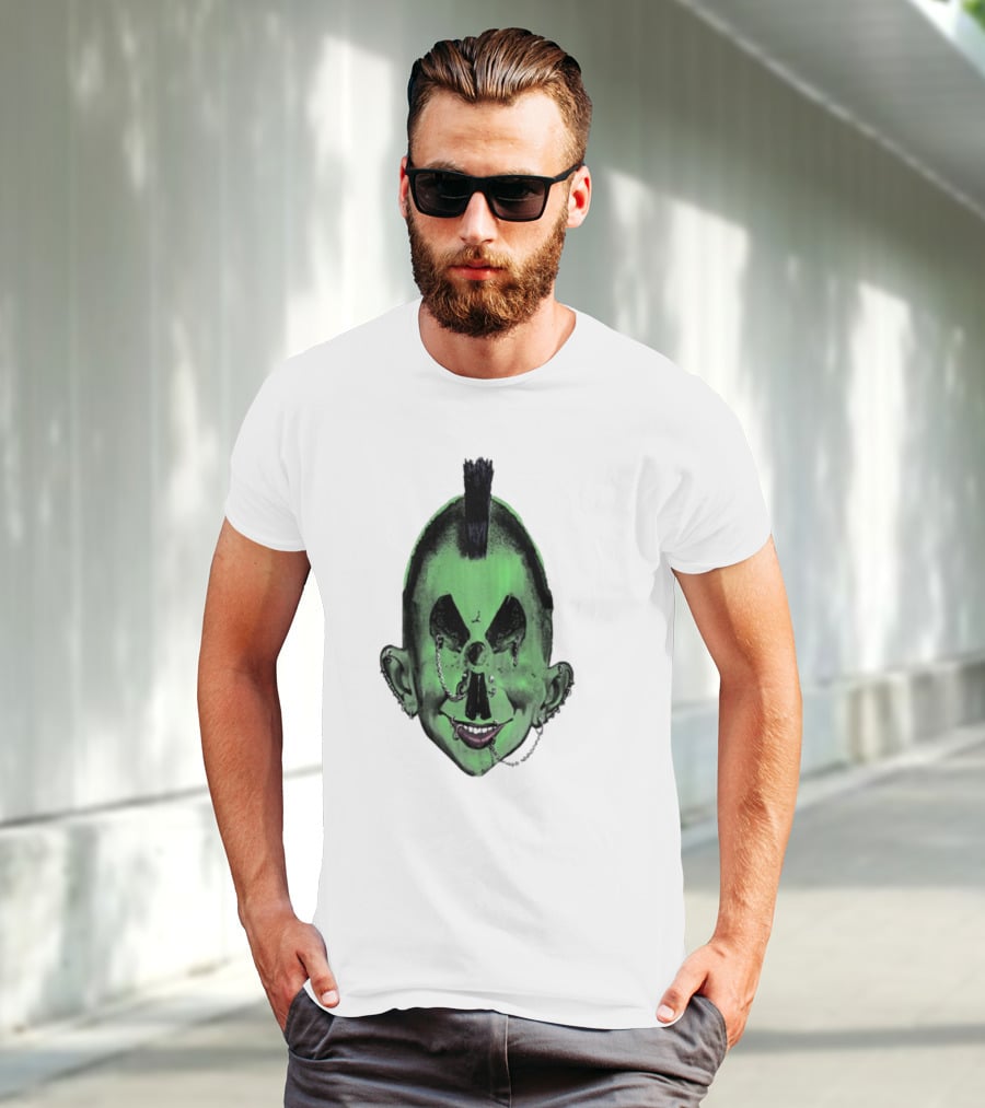 Willy Warhol Green Punk Face Mohawk Piercings T-Shirt