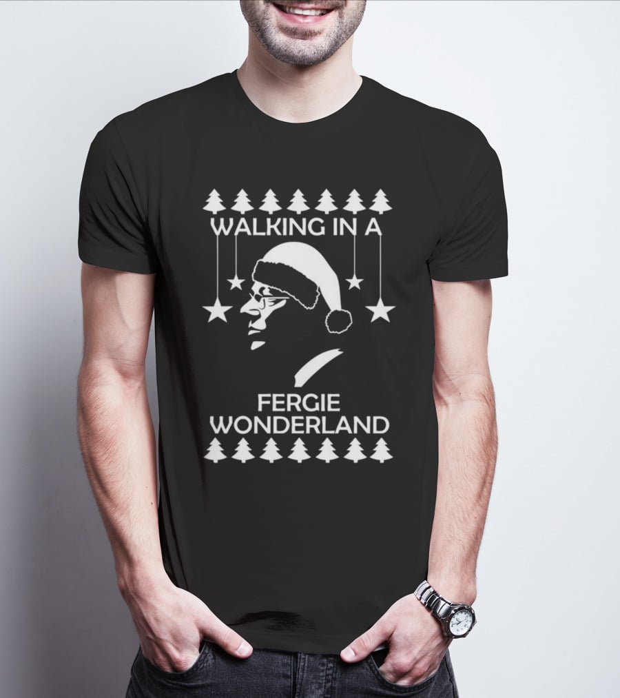 Walking In A Fergie Wonderland Christmas Festive Santa Hat Trees Stars T-Shirt
