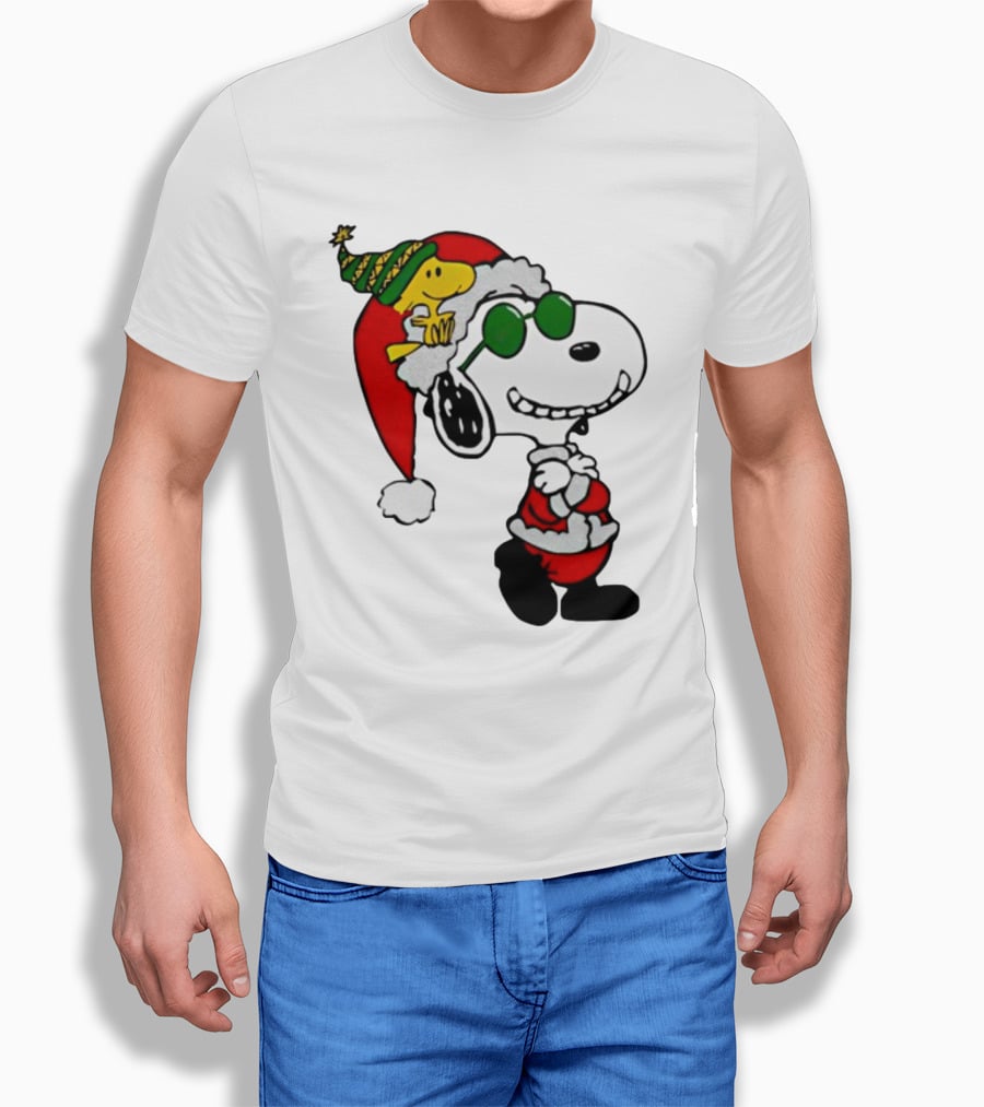 Snoopy And Woodstock Peanuts Merry Christmas Santa Hat And Sunglasses T-Shirt
