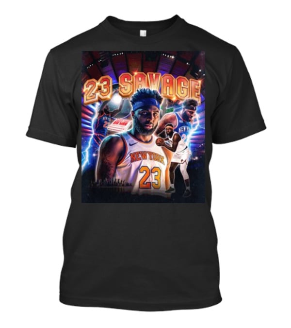 New York Knicks 23 Savage Mitchell Robinson Stadium Lightning Background T-Shirt