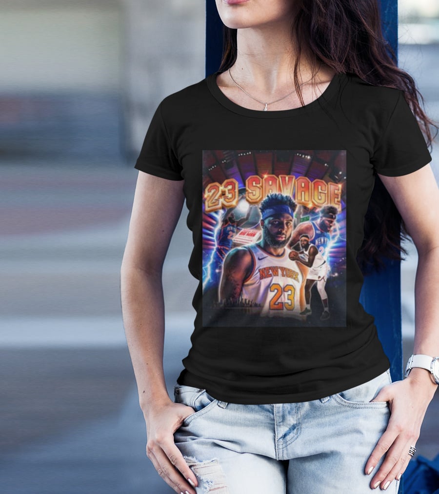 New York Knicks 23 Savage Mitchell Robinson Stadium Lightning Background T-Shirt