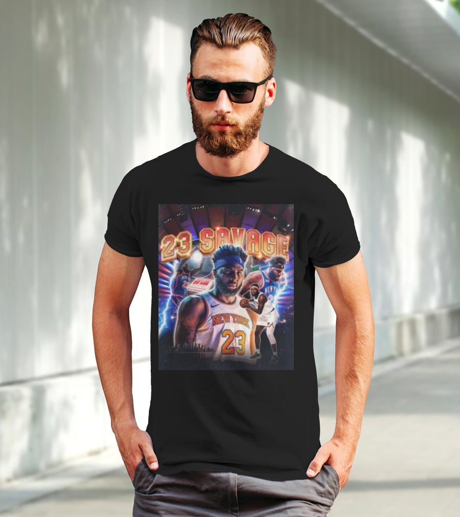 New York Knicks 23 Savage Mitchell Robinson Stadium Lightning Background T-Shirt