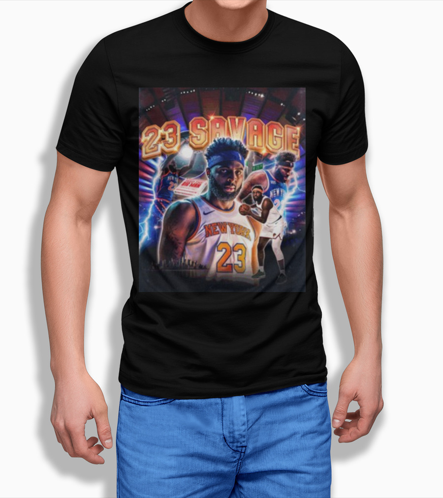 New York Knicks 23 Savage Mitchell Robinson Stadium Lightning Background T-Shirt