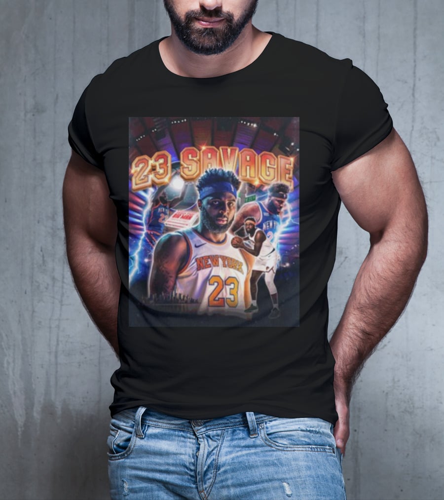 New York Knicks 23 Savage Mitchell Robinson Stadium Lightning Background T-Shirt