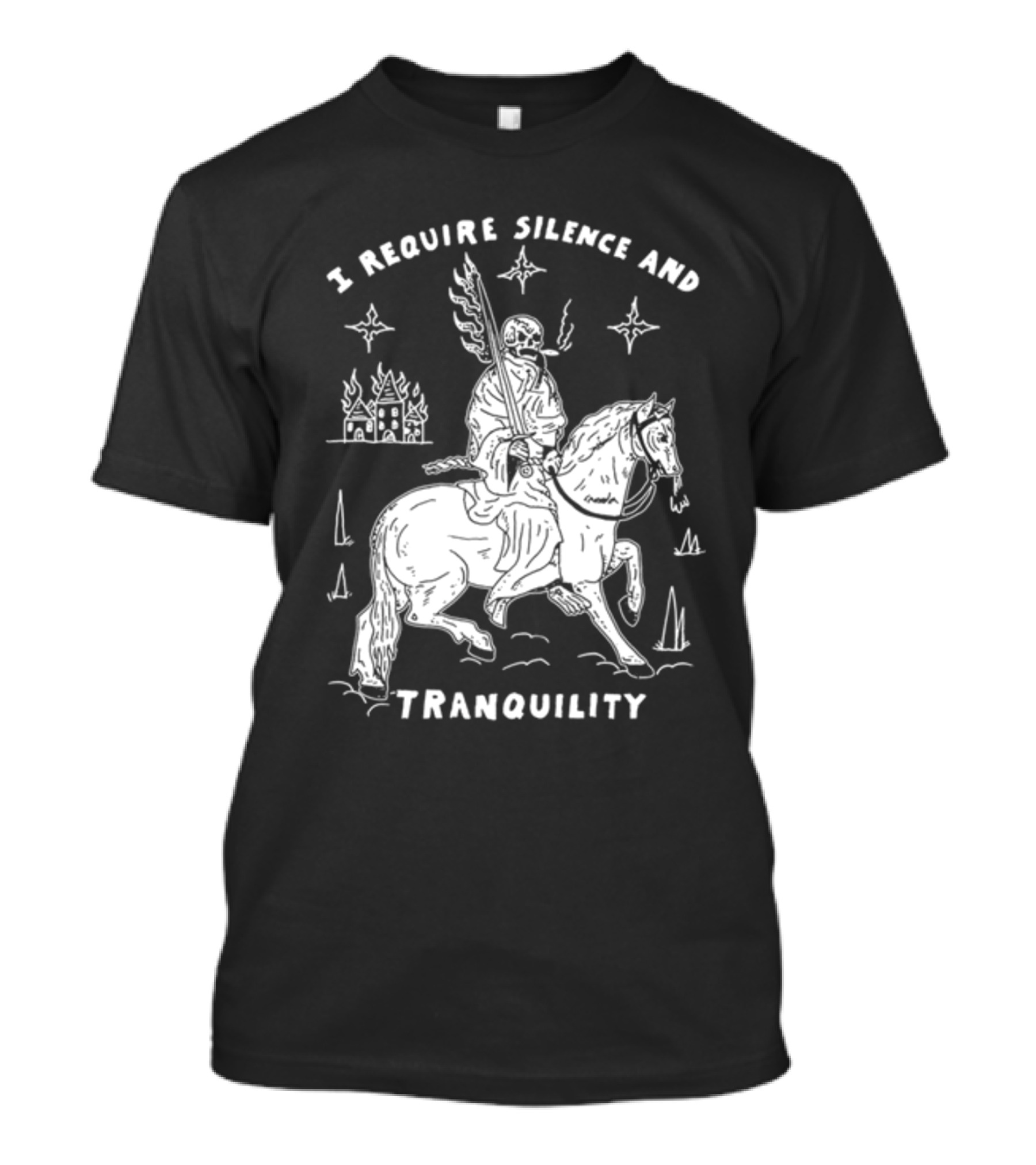 I Require Silence And Tranquility Grim Reaper On Horse With Burning Castle And Stars T-Shirt