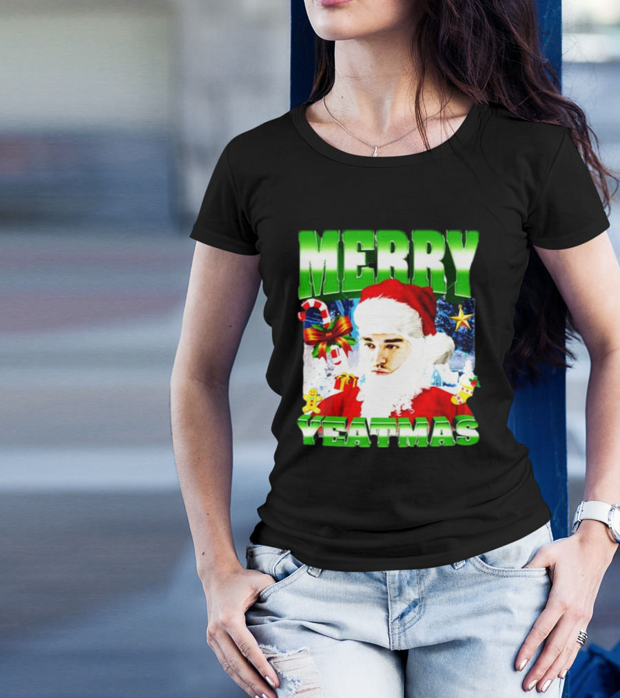 Memeabletees Merry Yeatmas Santa Claus Candy Canes And Snowflakes T-Shirt