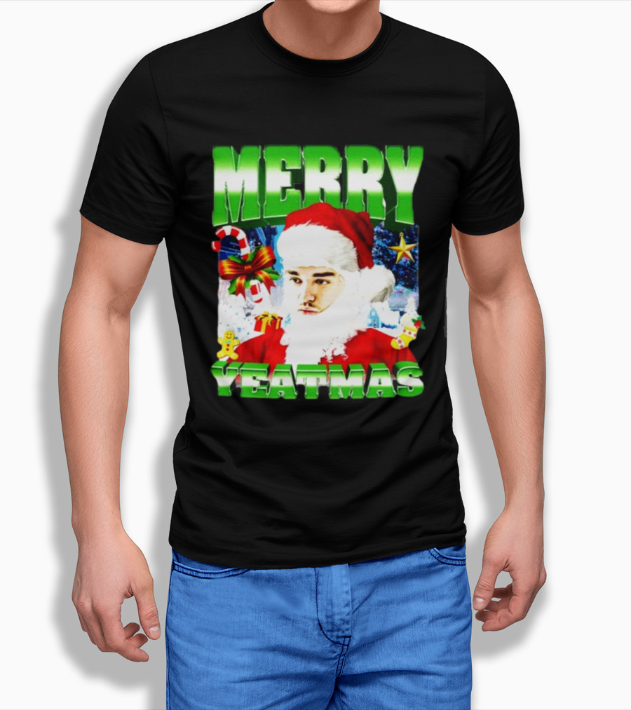 Memeabletees Merry Yeatmas Santa Claus Candy Canes And Snowflakes T-Shirt
