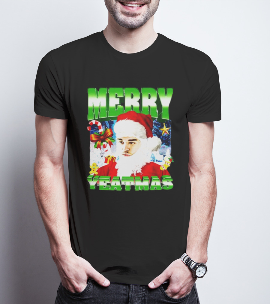 Memeabletees Merry Yeatmas Santa Claus Candy Canes And Snowflakes T-Shirt