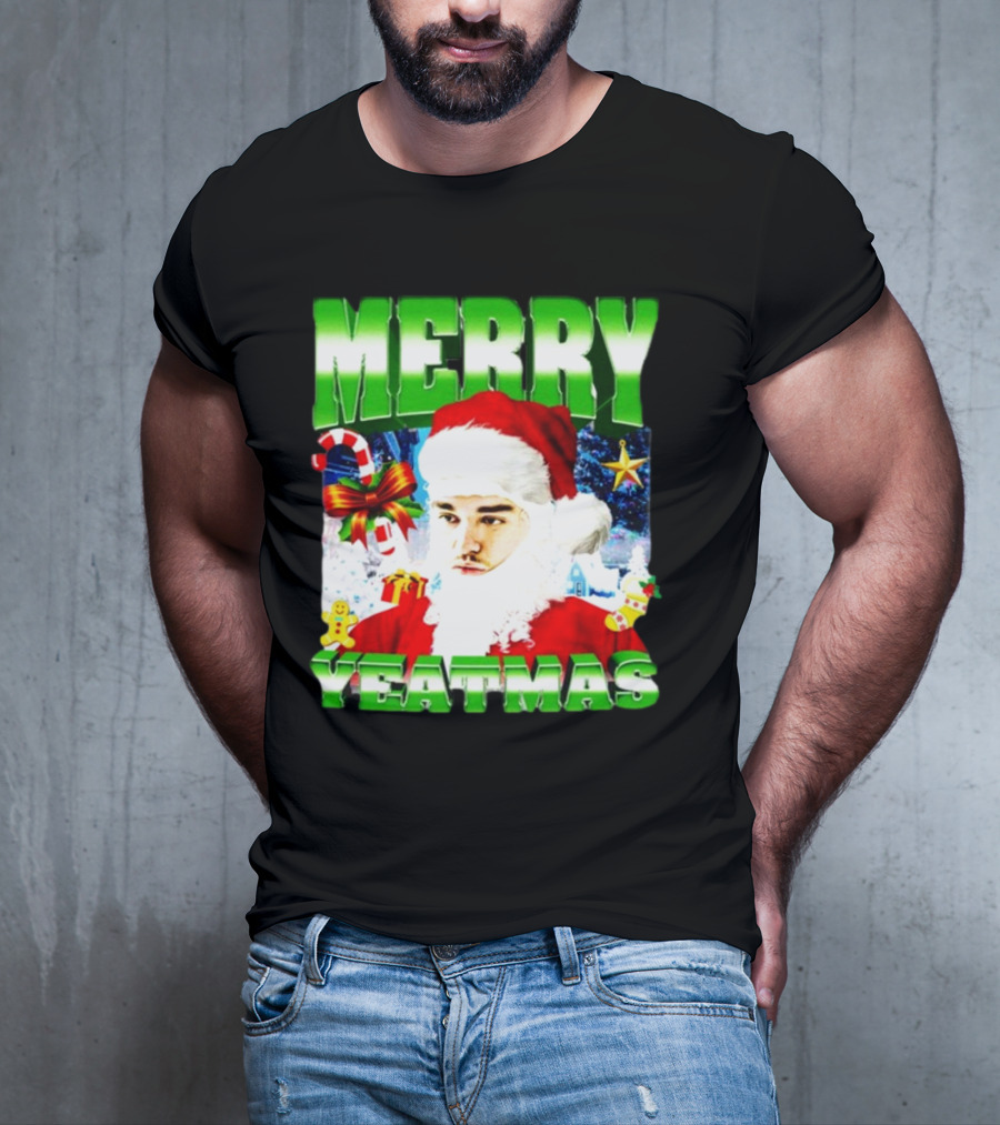 Memeabletees Merry Yeatmas Santa Claus Candy Canes And Snowflakes T-Shirt