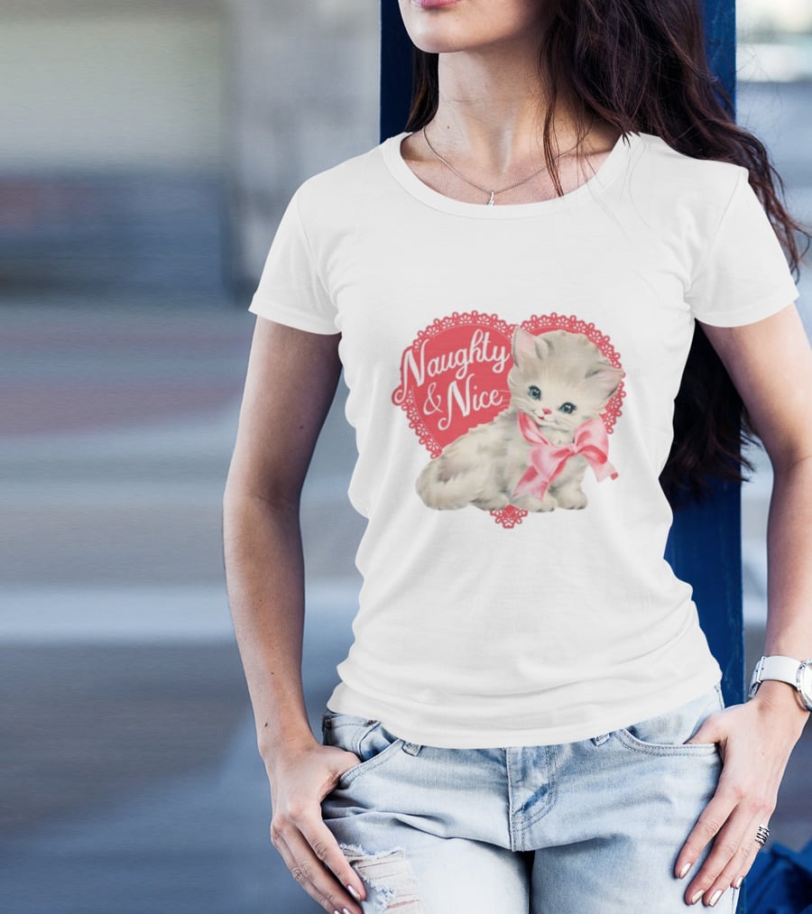 Nessa Barrett Store Naughty And Nice Kitten Heart Bow T-Shirt