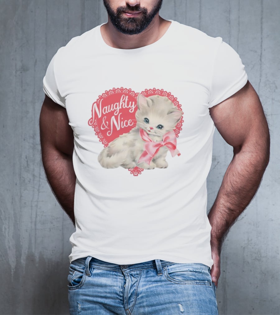 Nessa Barrett Store Naughty And Nice Kitten Heart Bow T-Shirt