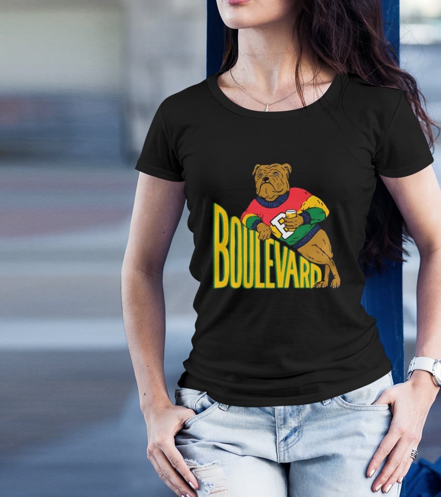 Boulevard Bully Dog In Colorful Sweater Holding Drink T-Shirt