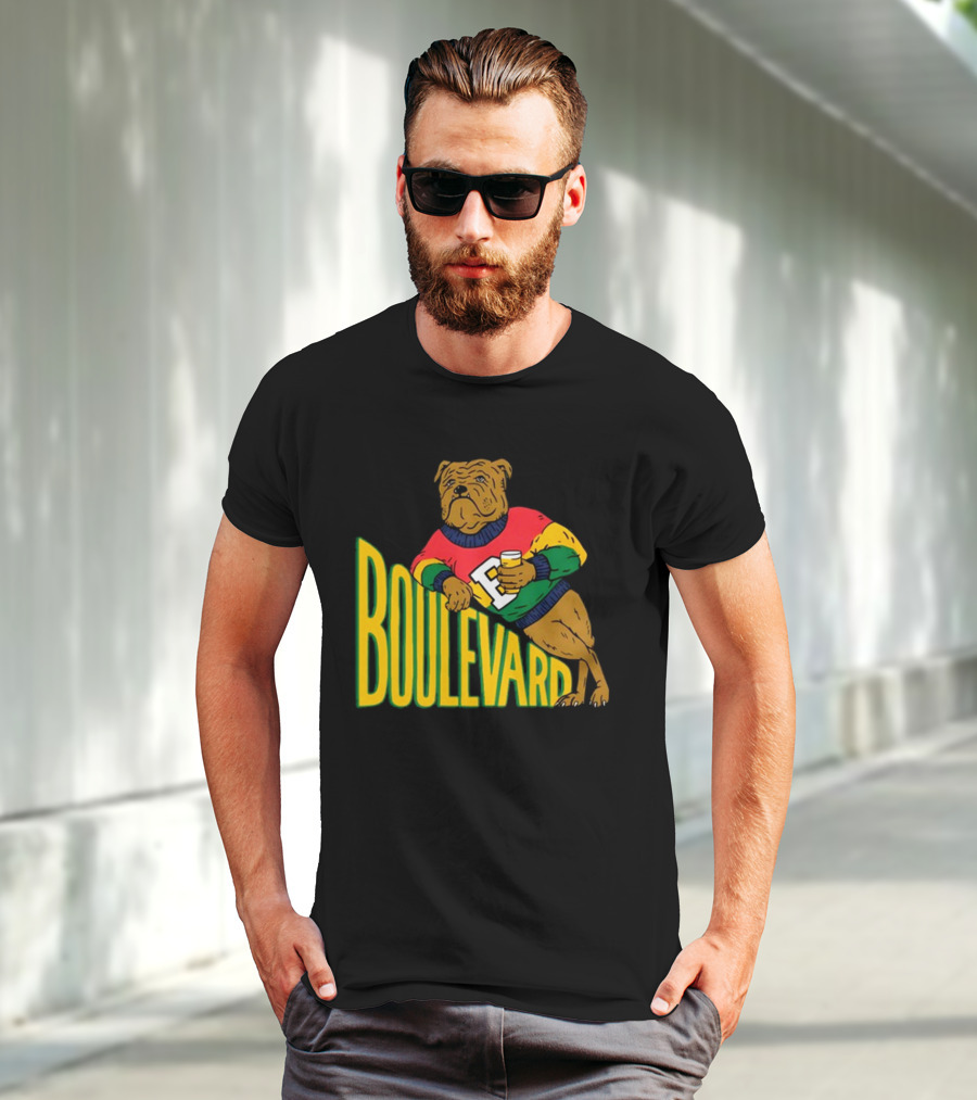 Boulevard Bully Dog In Colorful Sweater Holding Drink T-Shirt