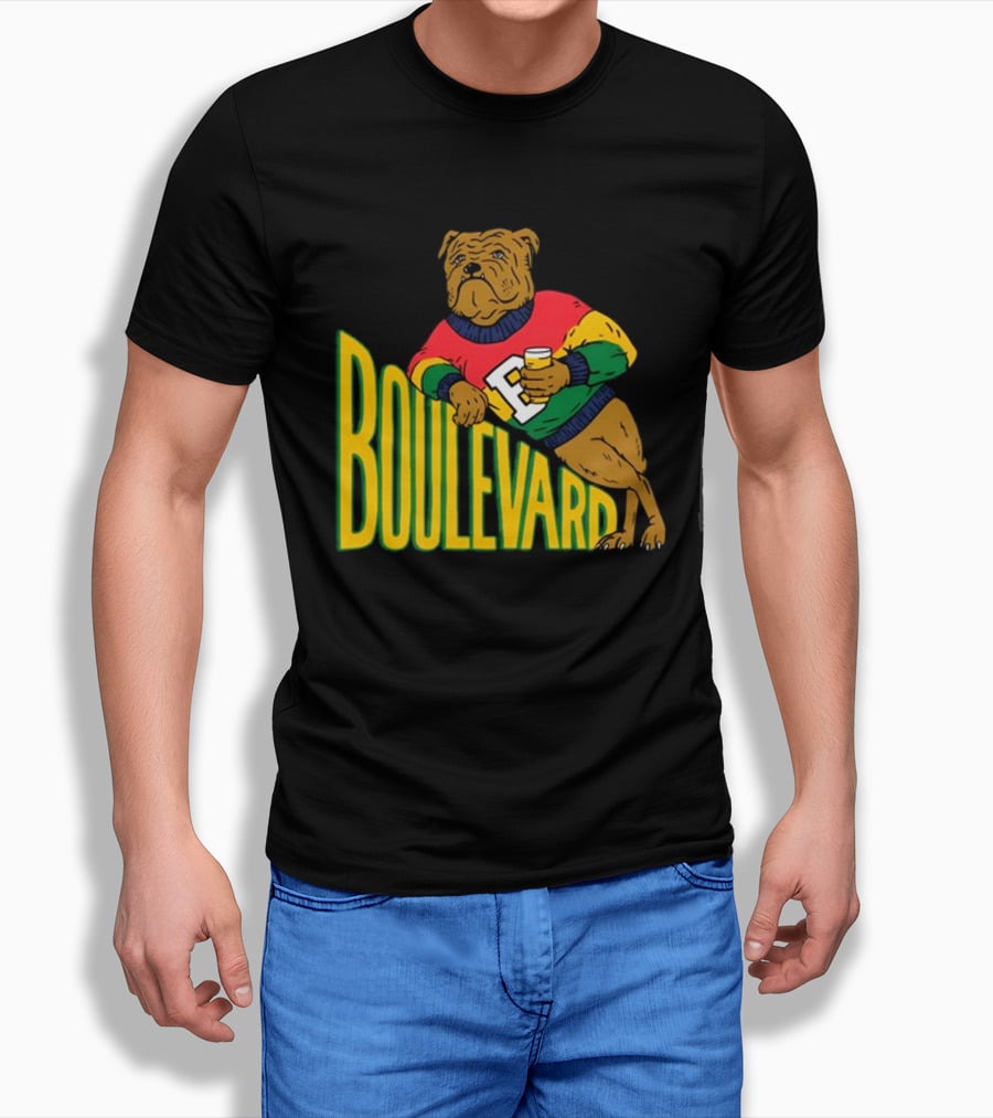 Boulevard Bully Dog In Colorful Sweater Holding Drink T-Shirt