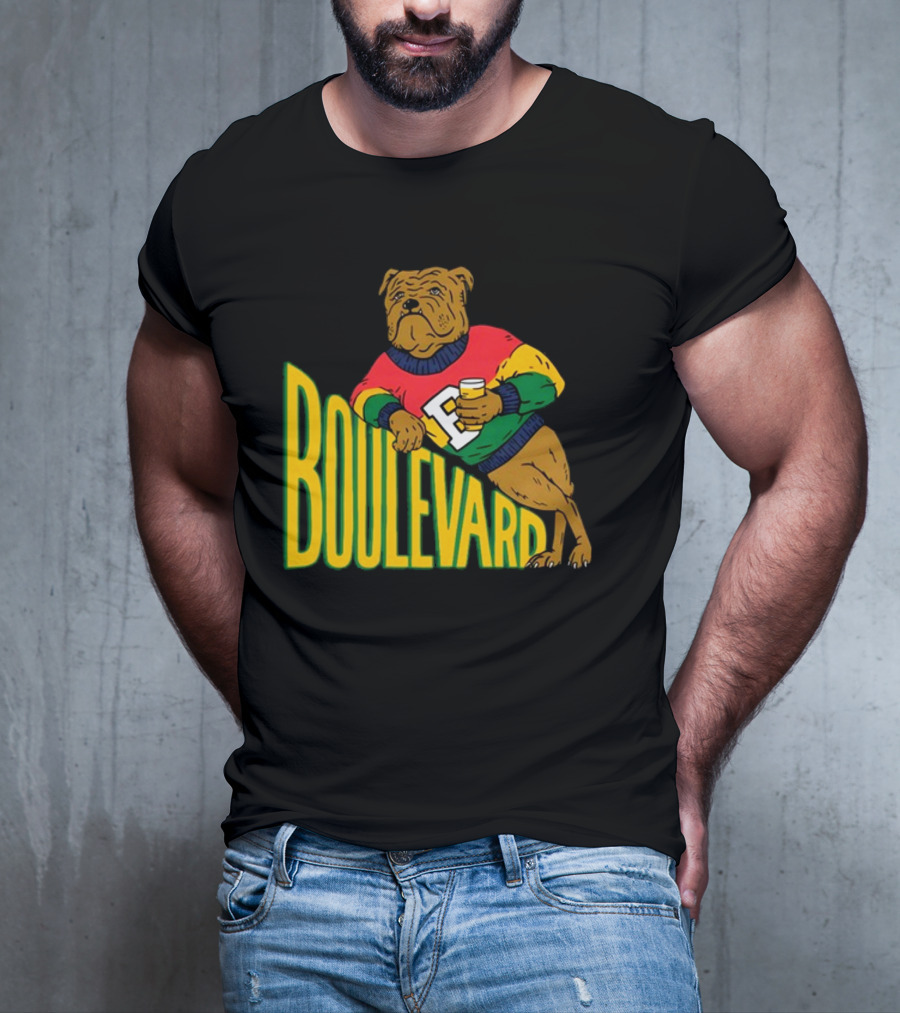 Boulevard Bully Dog In Colorful Sweater Holding Drink T-Shirt