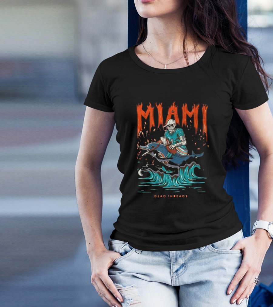 MIAMI Dead Threads Skeleton Surfer On Dolphin Football Adventure T-Shirt