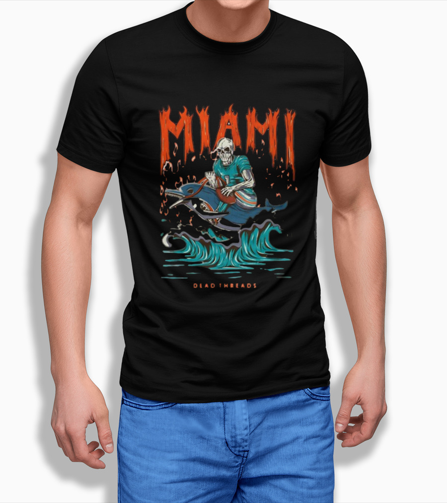 MIAMI Dead Threads Skeleton Surfer On Dolphin Football Adventure T-Shirt