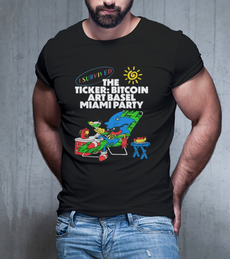 I Survived The Ticker Bitcoin Art Basel Miami Party Lounge Character Sun Cocktail T-Shirt