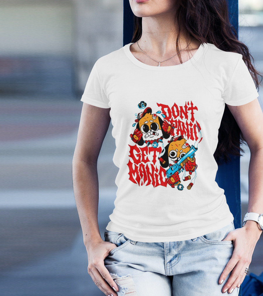 Don't Panic Get Manic Cartoon Characters With Colorful Styling And Playful T-Shirt