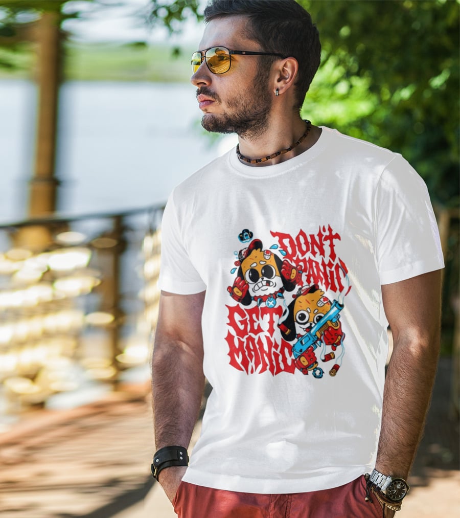 Don't Panic Get Manic Cartoon Characters With Colorful Styling And Playful T-Shirt