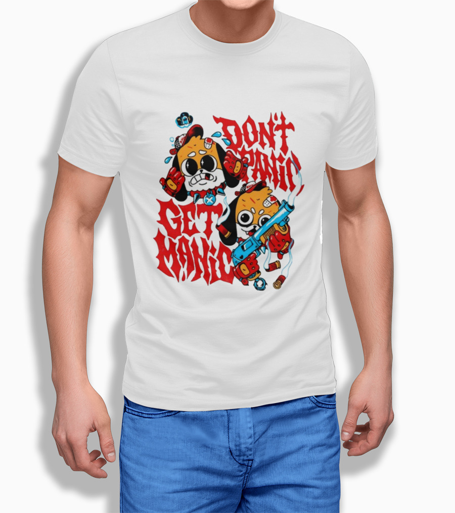 Don't Panic Get Manic Cartoon Characters With Colorful Styling And Playful T-Shirt