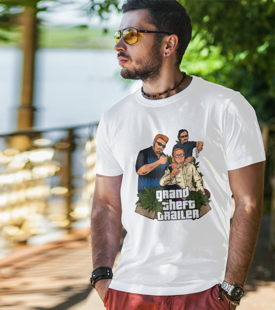Grand Theft Trailer Cannabis Comedy Trio With Sunglasses And Pistol T-Shirt
