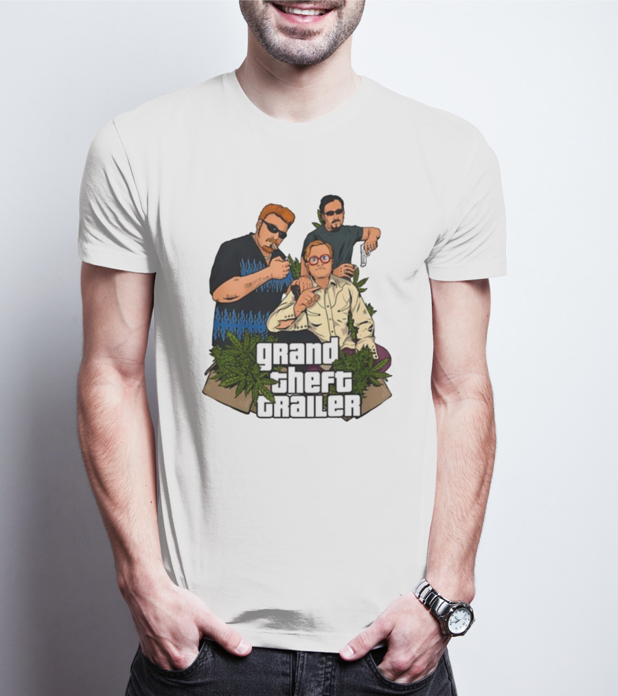 Grand Theft Trailer Cannabis Comedy Trio With Sunglasses And Pistol T-Shirt