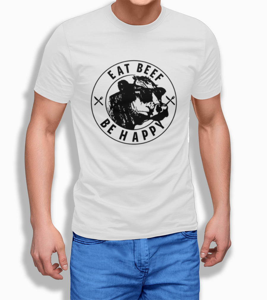 Dr Shawn Baker Eat Beef Be Happy Cow Illustration With Crossed Utensils T-Shirt