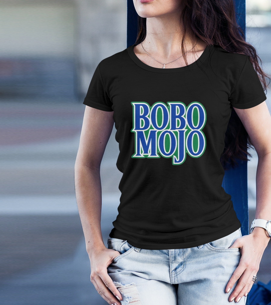 BOBO MOJO Retro Bold Blue And Green Text T-Shirt