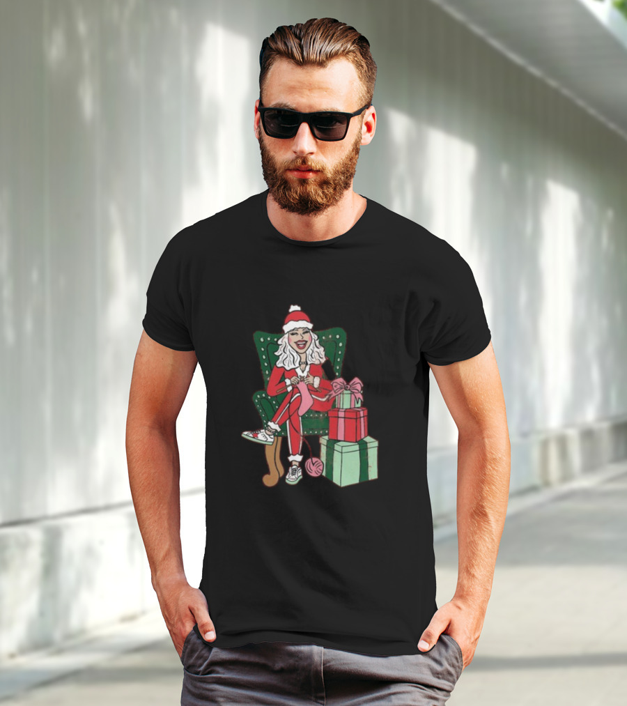 Fleece Navidad Merry Christmas Santa Woman Knitting Presents T-Shirt